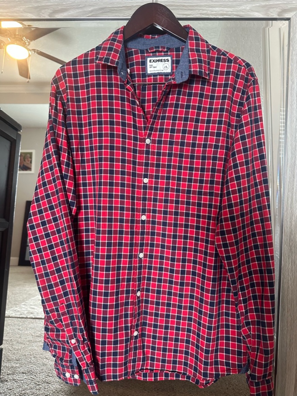 Express Red and Navy Plaid Button-Down Shirt